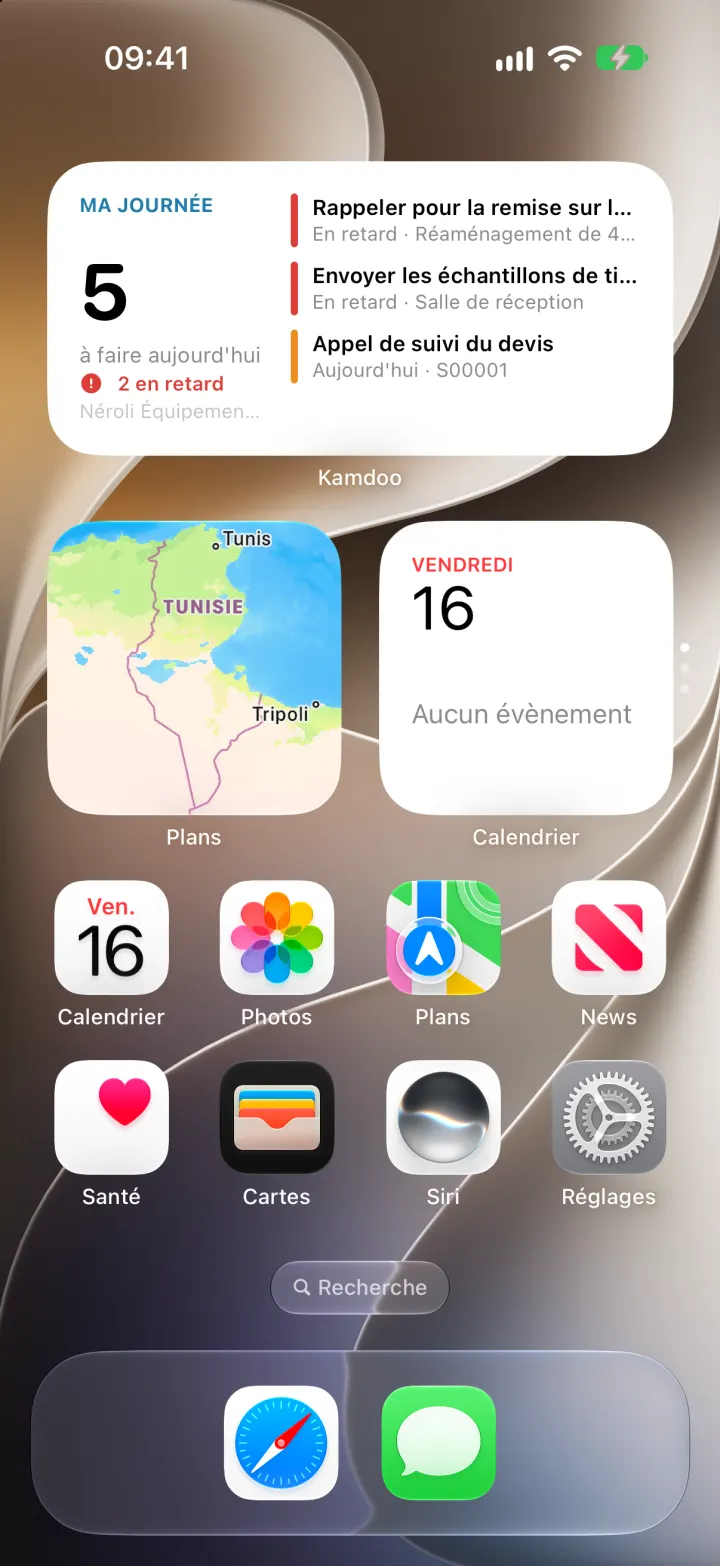My day widget on the iPhone home screen: 5 to do, 2 overdue