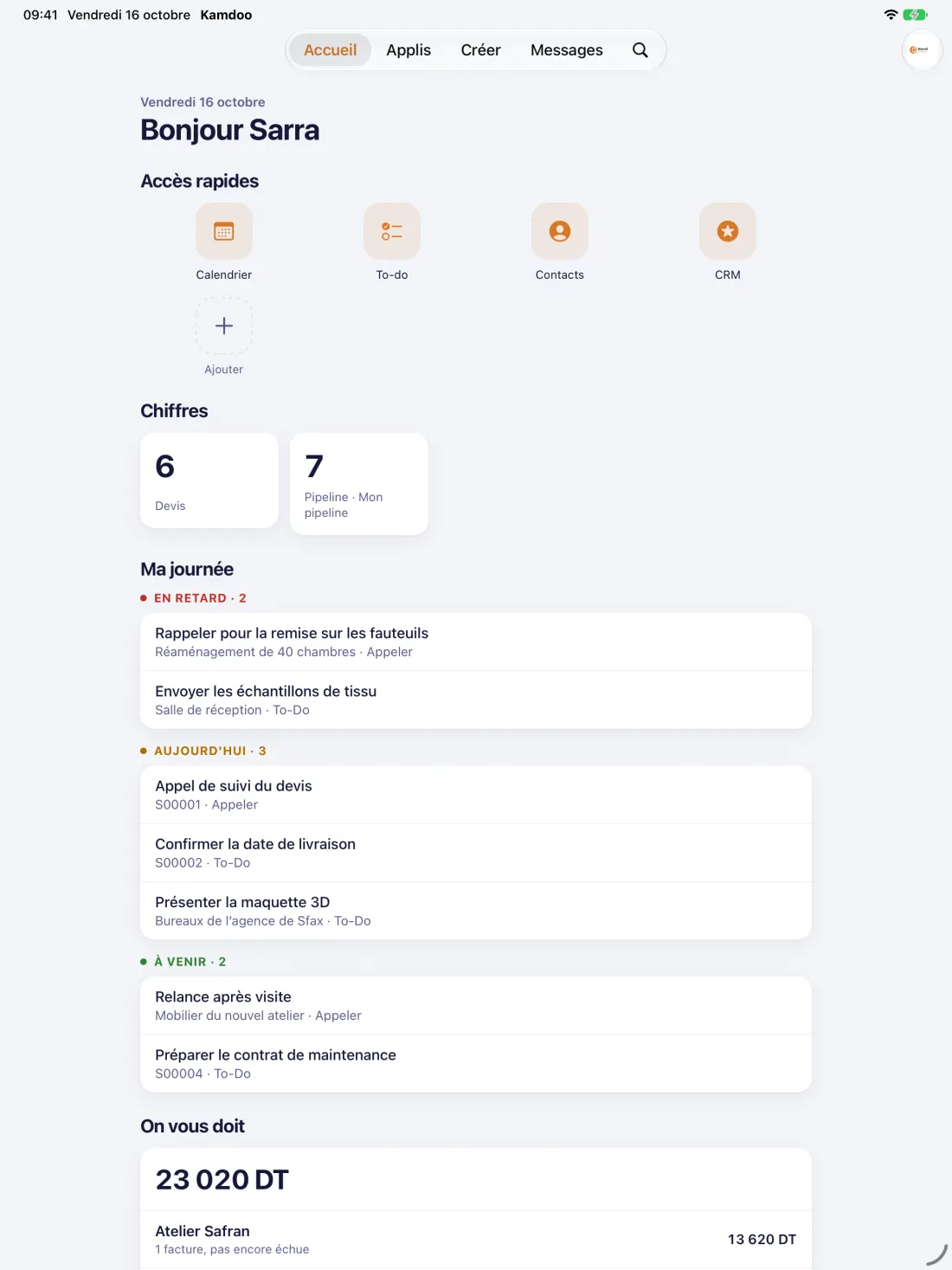 Kamdoo on iPad: home screen with the day and the numbers