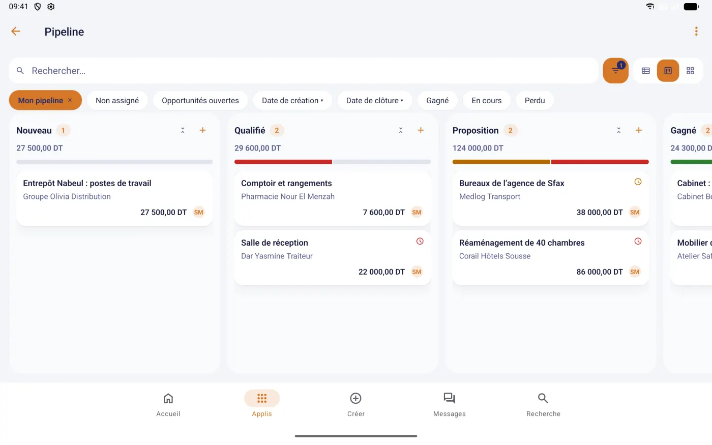 Kamdoo on an Android tablet in landscape: CRM pipeline over four columns